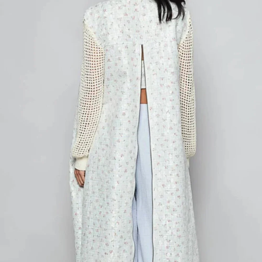 Pol longline printed lace‎ crochet sleeve jacket zips up back buttons front NWOT